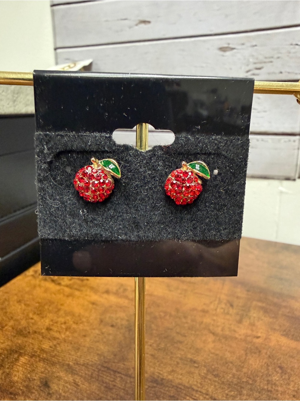 🍀3/$30 Red Crystal Apple Stud Earrings with Green Leaf Accent